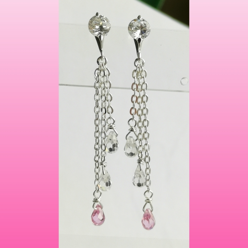Sterling silver Pink CZ Long Dangle drop earrings 🆕